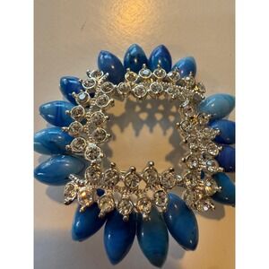 Vintage Blue Navette Rhinestone Wreath Brooch Flower Starburst Statement Pin